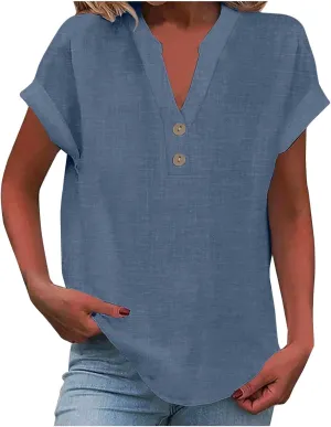 Linen Shirts for Women 2025 Womens Button Down Short Sleeve V Neck Shirts Solid Color Comfy Tops Summer Tunic Top
