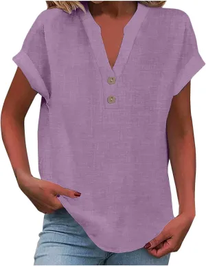 Linen Shirts for Women 2025 Womens Button Down Short Sleeve V Neck Shirts Solid Color Comfy Tops Summer Tunic Top
