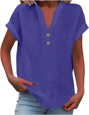 Linen Shirts for Women 2025 Womens Button Down Short Sleeve V Neck Shirts Solid Color Comfy Tops Summer Tunic Top