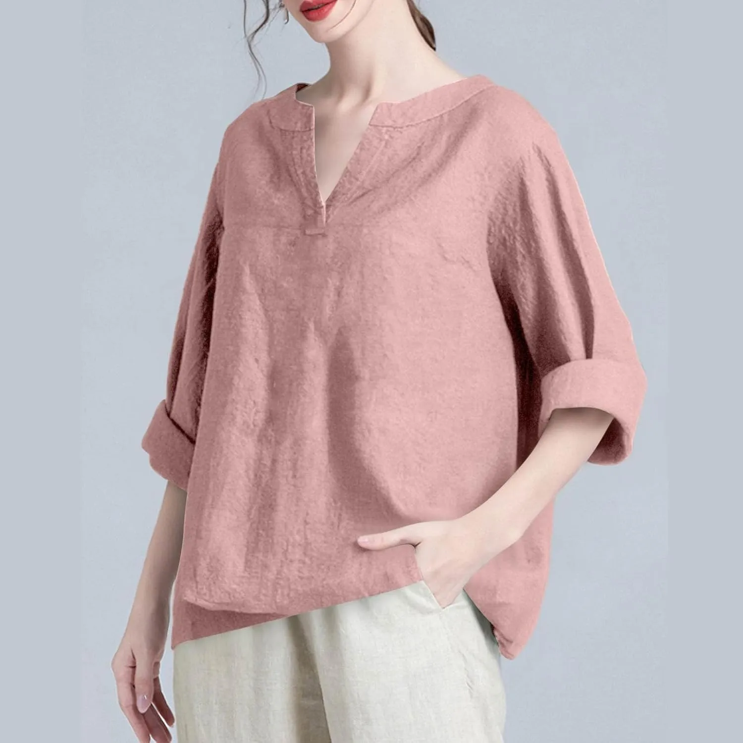 Linen Shirts for Women 3/4 Sleeve Button V Neck Summer Solid Color Gauze Cotton Linen Shirts with Pocket