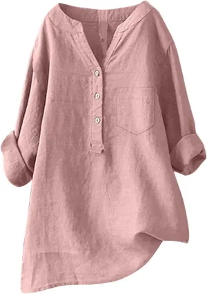 Linen Shirts for Women 3/4 Sleeve Button V Neck Summer Solid Color Gauze Cotton Linen Shirts with Pocket