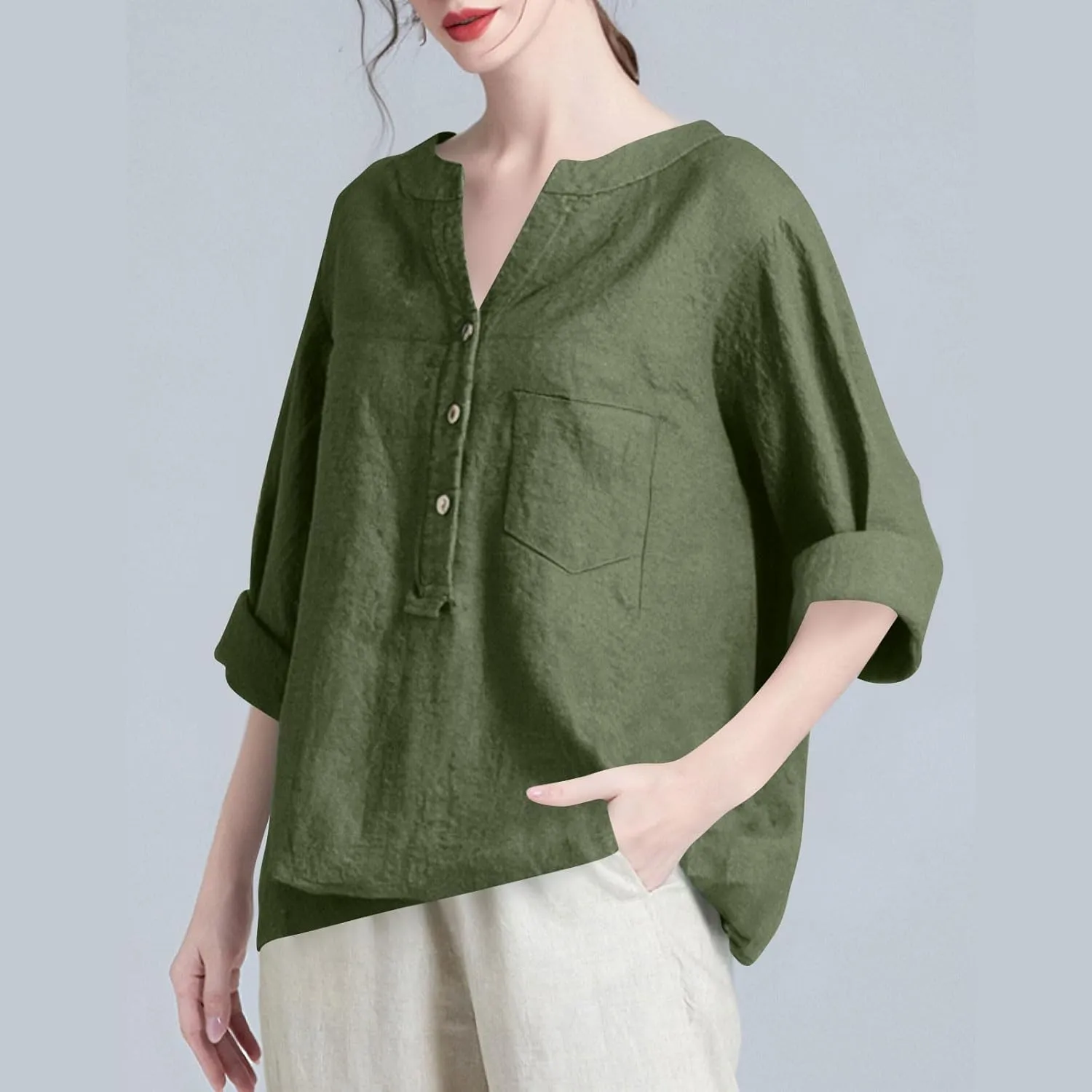 Linen Shirts for Women 3/4 Sleeve Button V Neck Summer Solid Color Gauze Cotton Linen Shirts with Pocket