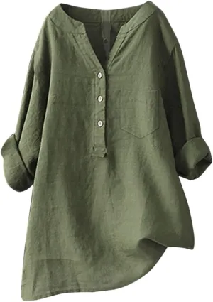 Linen Shirts for Women 3/4 Sleeve Button V Neck Summer Solid Color Gauze Cotton Linen Shirts with Pocket