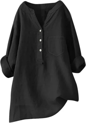 Linen Shirts for Women 3/4 Sleeve Button V Neck Summer Solid Color Gauze Cotton Linen Shirts with Pocket