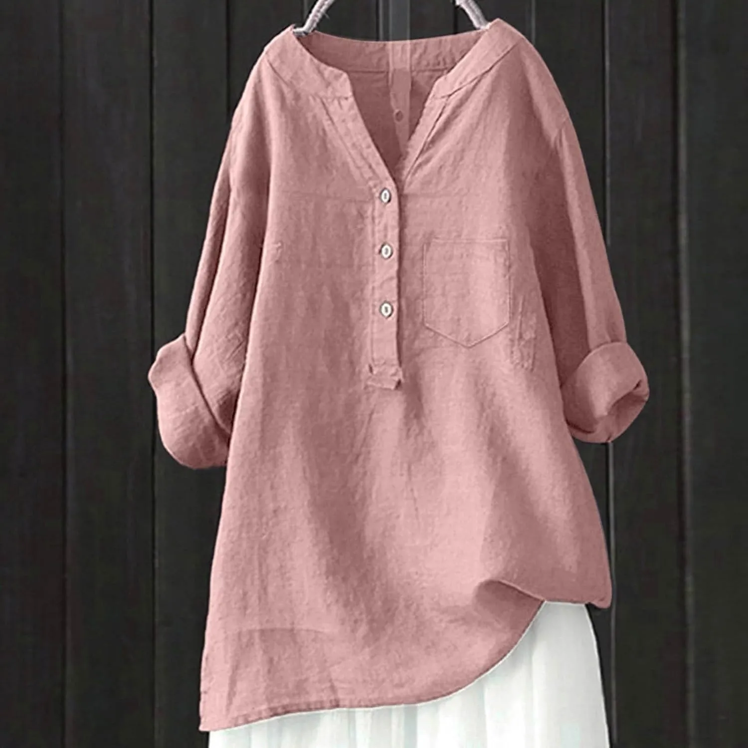 Linen Shirts for Women 3/4 Sleeve Button V Neck Summer Solid Color Gauze Cotton Linen Shirts with Pocket