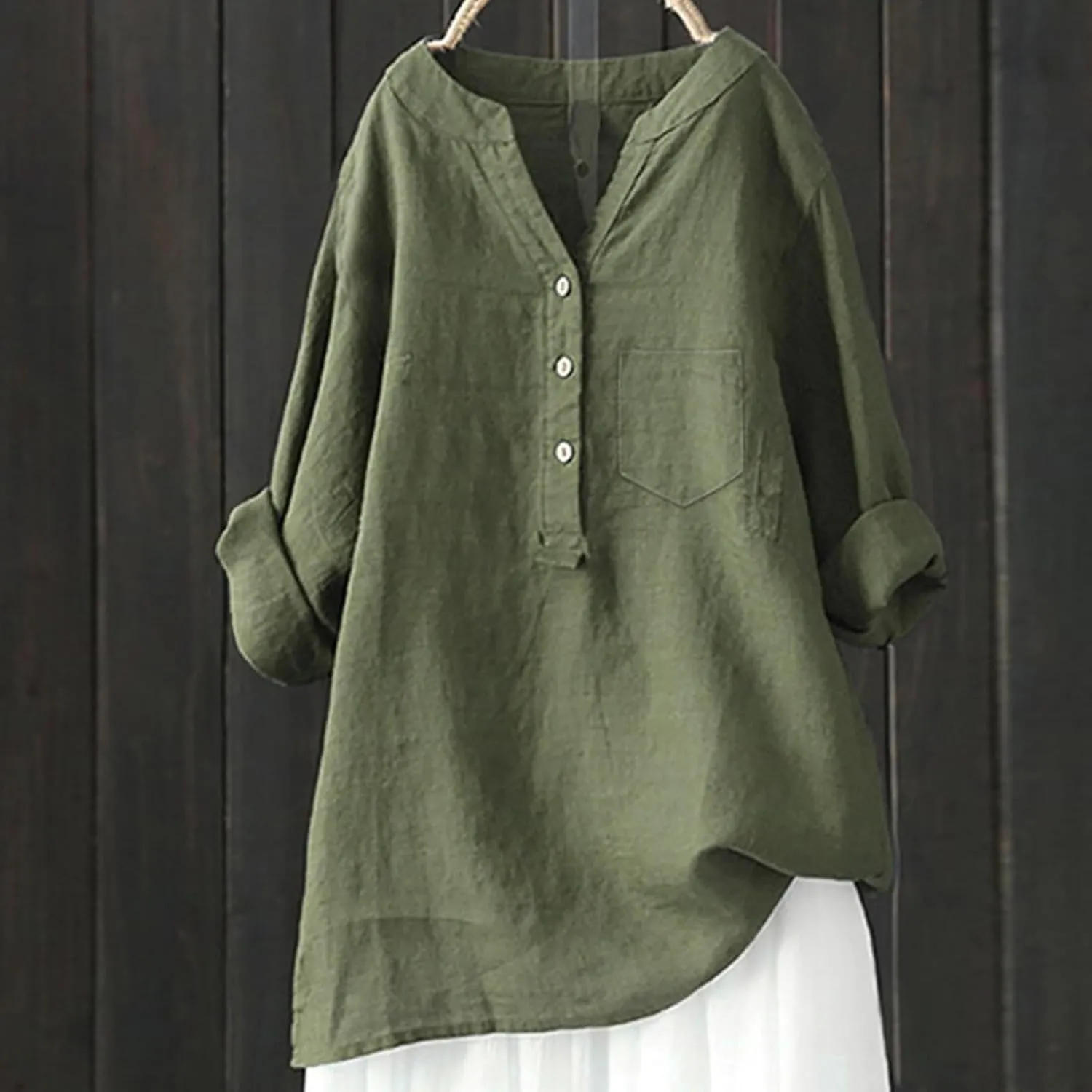 Linen Shirts for Women 3/4 Sleeve Button V Neck Summer Solid Color Gauze Cotton Linen Shirts with Pocket