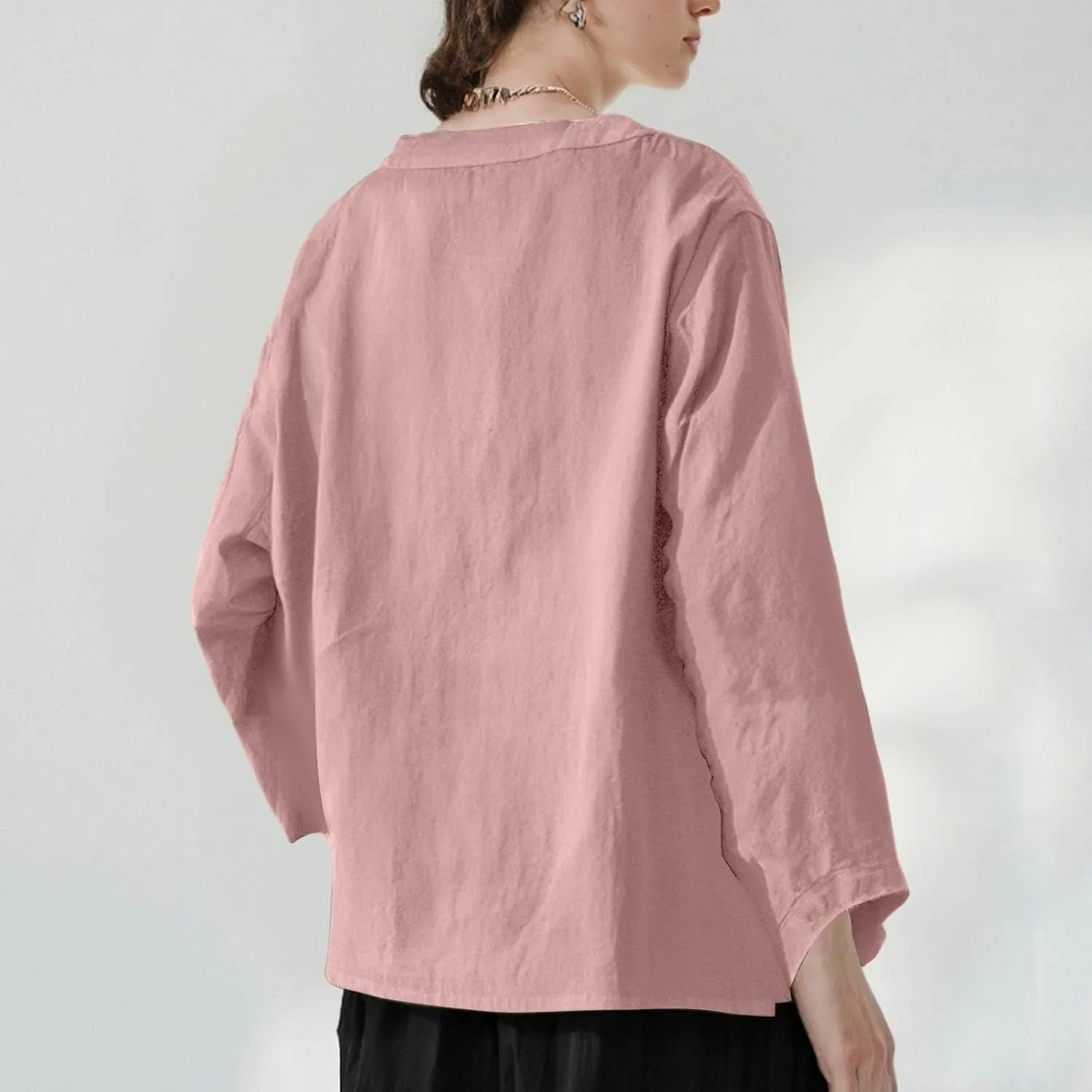 Linen Shirts for Women 3/4 Sleeve Button V Neck Summer Solid Color Gauze Cotton Linen Shirts with Pocket