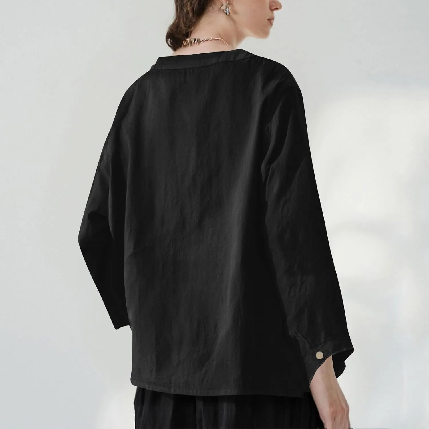 Linen Shirts for Women 3/4 Sleeve Button V Neck Summer Solid Color Gauze Cotton Linen Shirts with Pocket