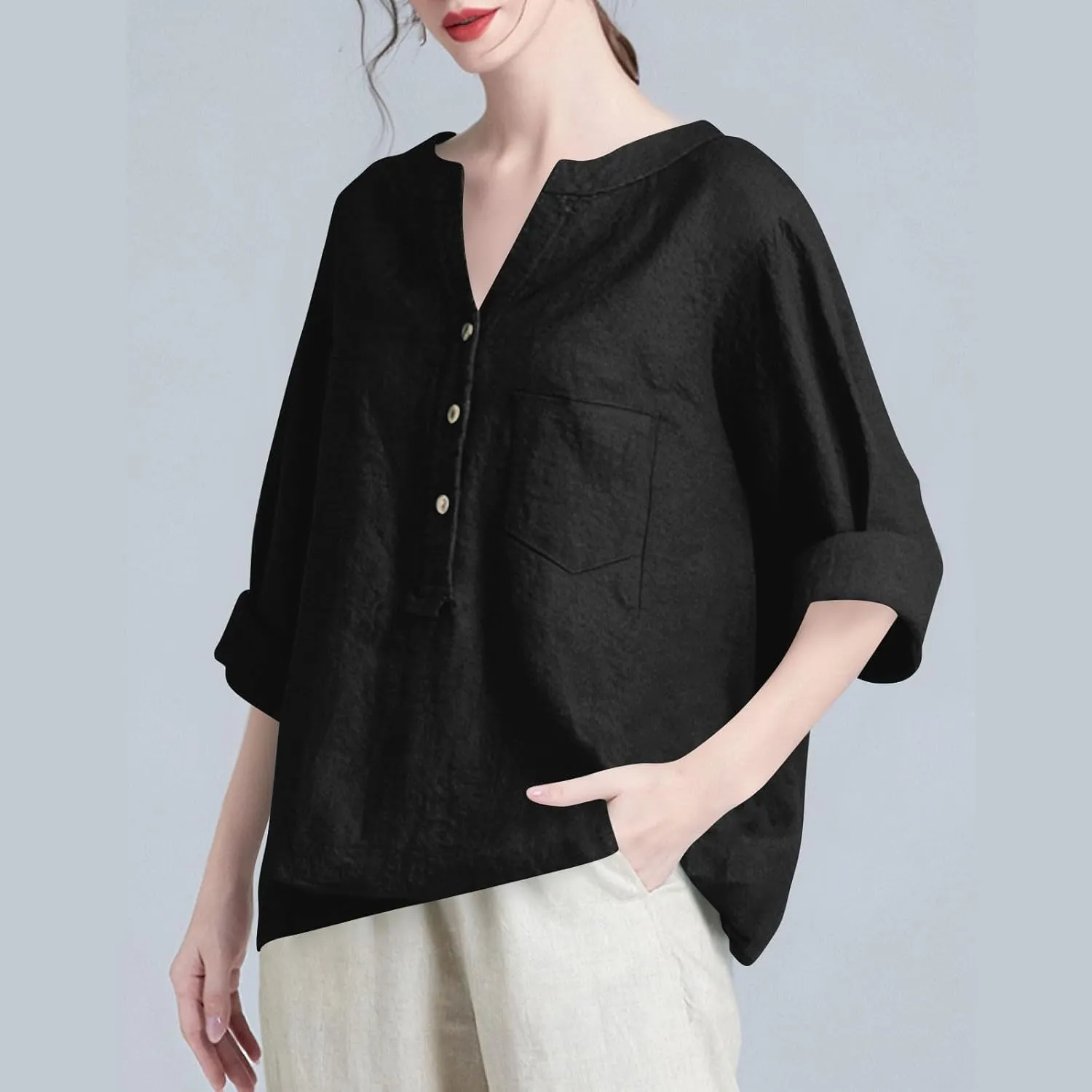 Linen Shirts for Women 3/4 Sleeve Button V Neck Summer Solid Color Gauze Cotton Linen Shirts with Pocket
