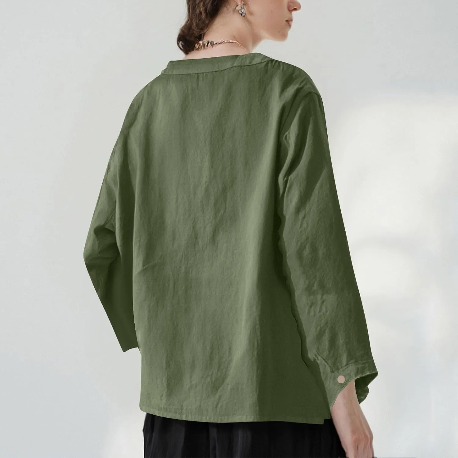 Linen Shirts for Women 3/4 Sleeve Button V Neck Summer Solid Color Gauze Cotton Linen Shirts with Pocket