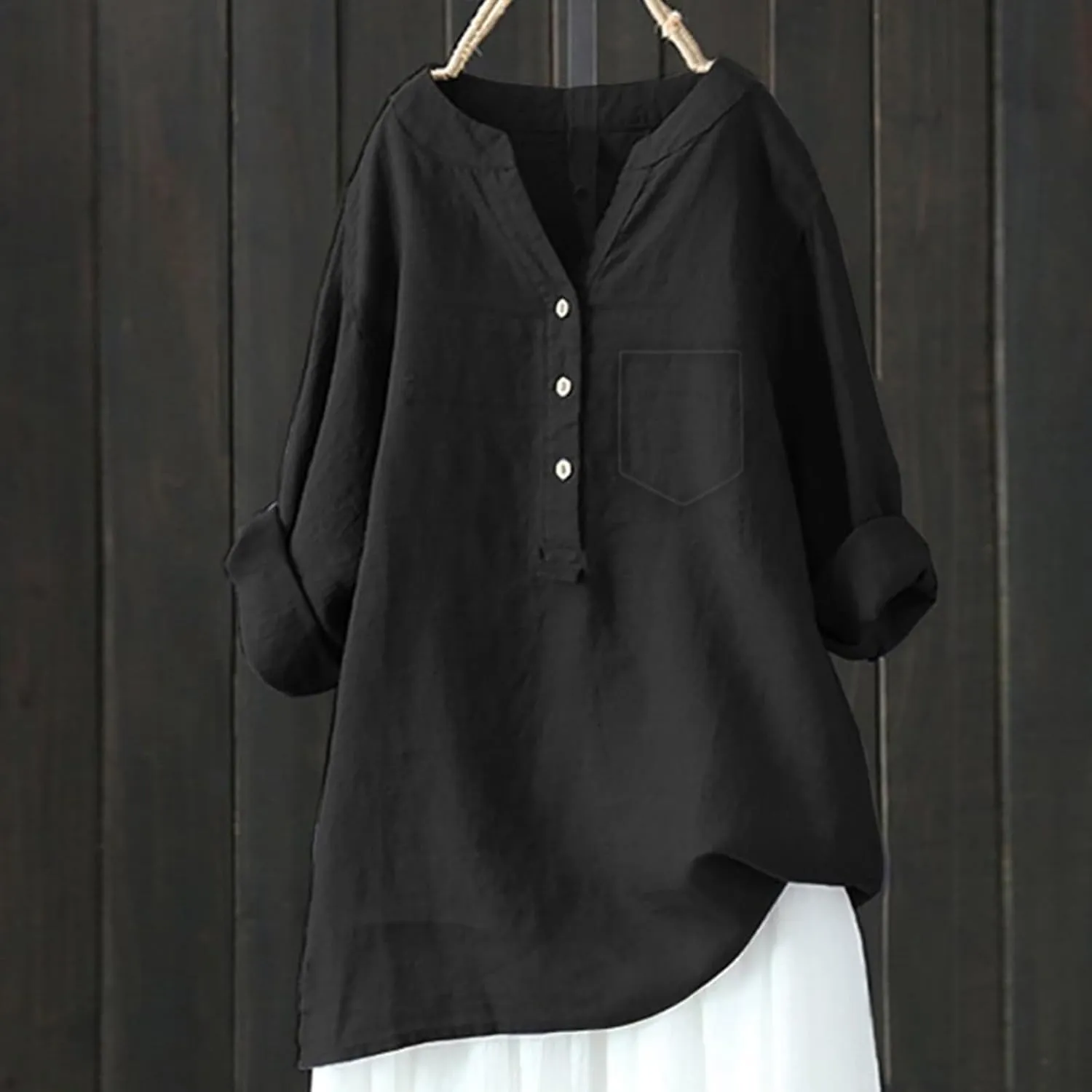 Linen Shirts for Women 3/4 Sleeve Button V Neck Summer Solid Color Gauze Cotton Linen Shirts with Pocket