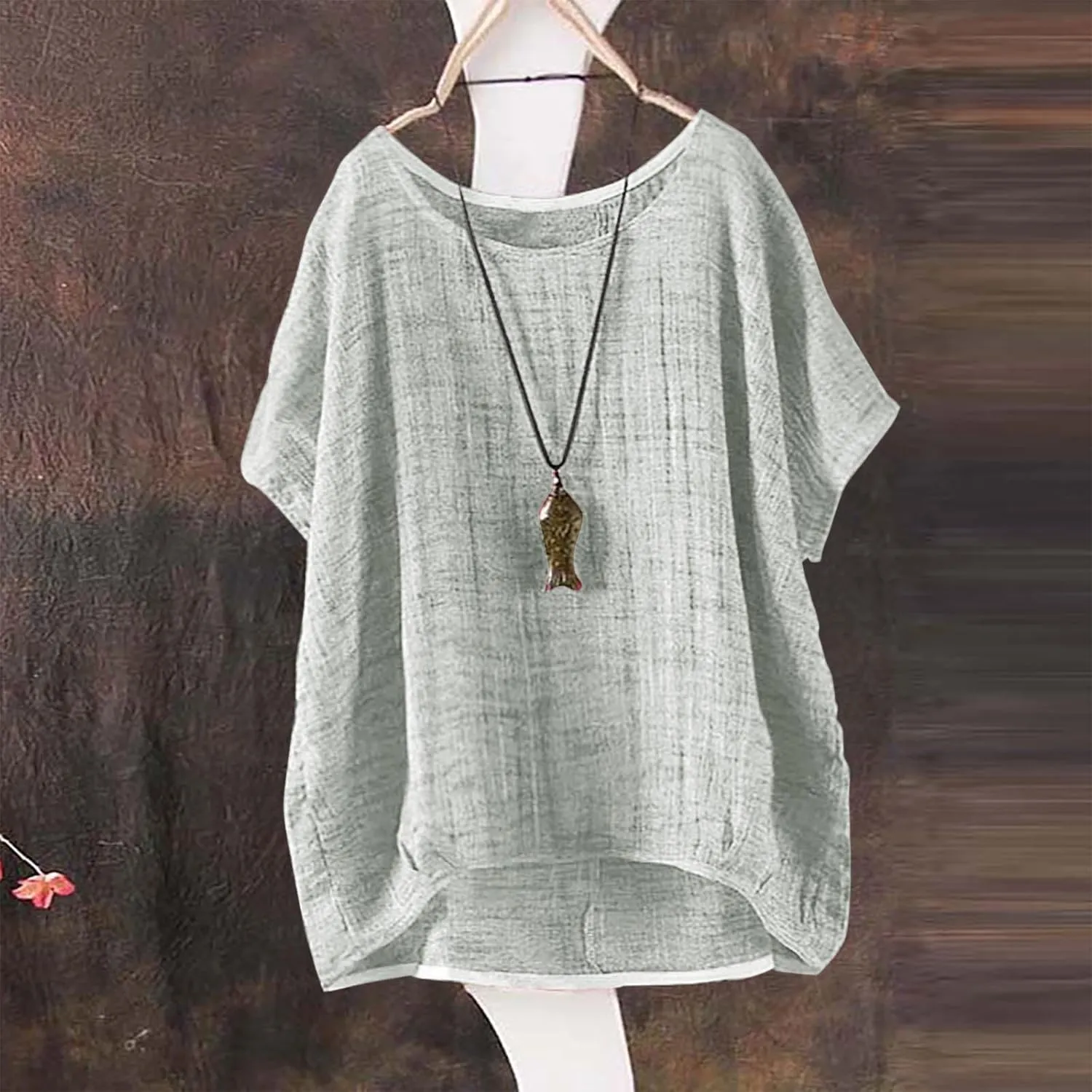 Linen Shirts for Women Casual Lightweight Short Sleeve Round Neck T-shirts Loose Fit Plus Size Summer Beach Tees Tops