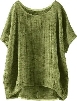 Linen Shirts for Women Casual Lightweight Short Sleeve Round Neck T-shirts Loose Fit Plus Size Summer Beach Tees Tops