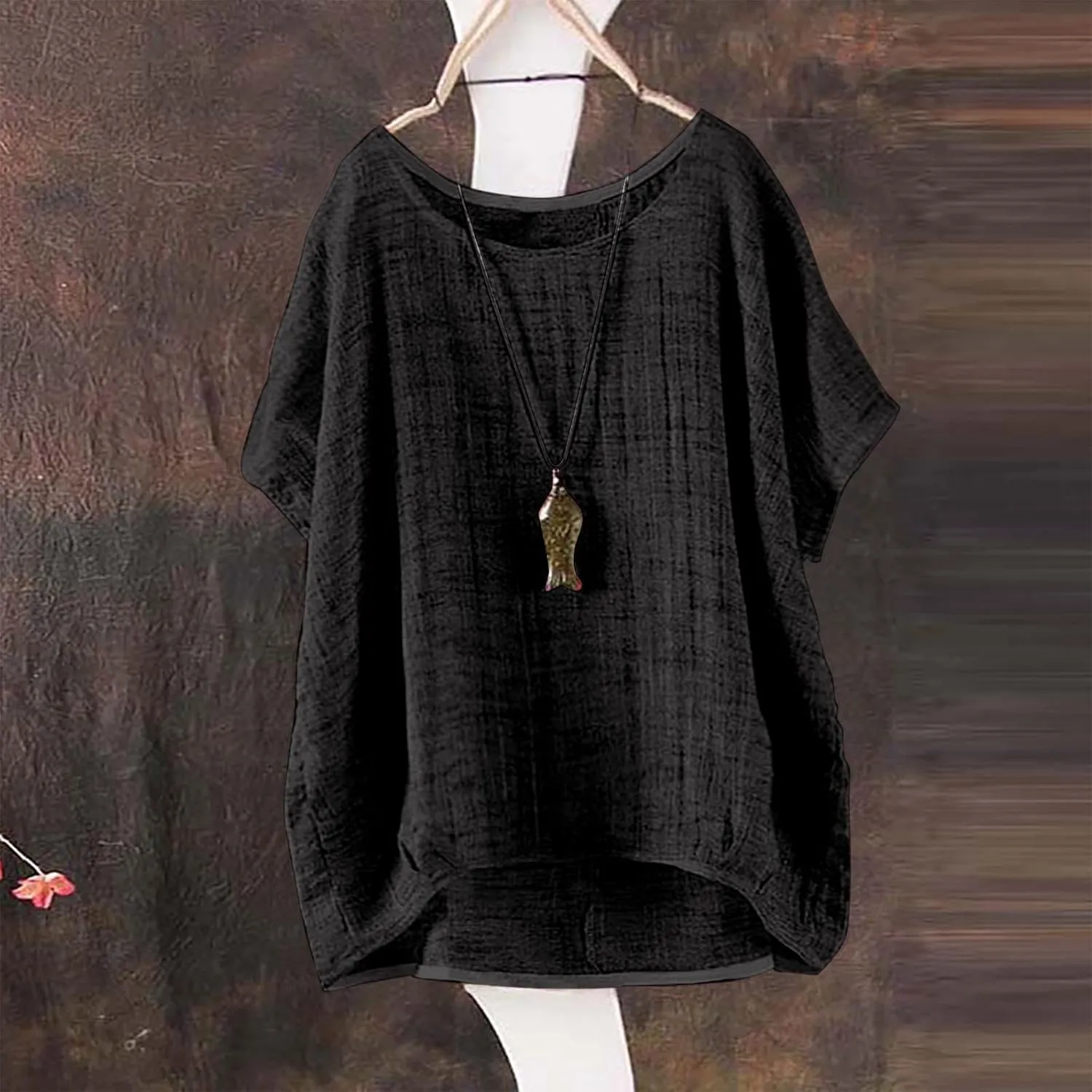 Linen Shirts for Women Casual Lightweight Short Sleeve Round Neck T-shirts Loose Fit Plus Size Summer Beach Tees Tops