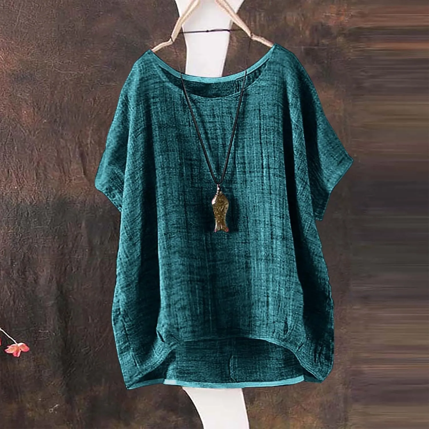 Linen Shirts for Women Casual Lightweight Short Sleeve Round Neck T-shirts Loose Fit Plus Size Summer Beach Tees Tops