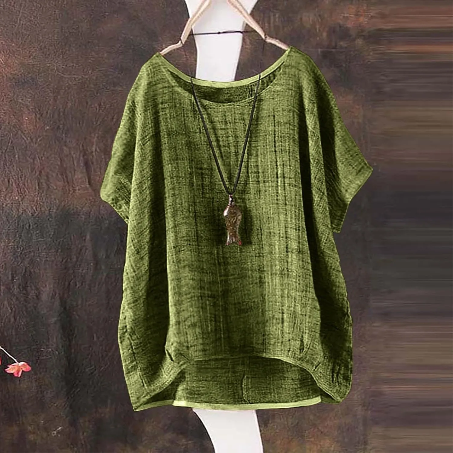 Linen Shirts for Women Casual Lightweight Short Sleeve Round Neck T-shirts Loose Fit Plus Size Summer Beach Tees Tops