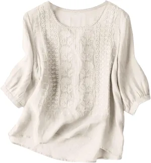 Linen Shirts for Women Crew Neck Embroidery Blouses Bohemian Boho Soft Tshirt Short Sleeve Loose Shirts