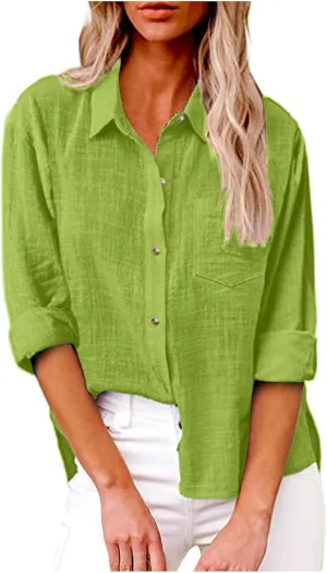 Linen Shirts for Women Down Shirt 2025 Spring Casual Long Sleeve Solid Color Shirts Loose Work Tops with Pockets