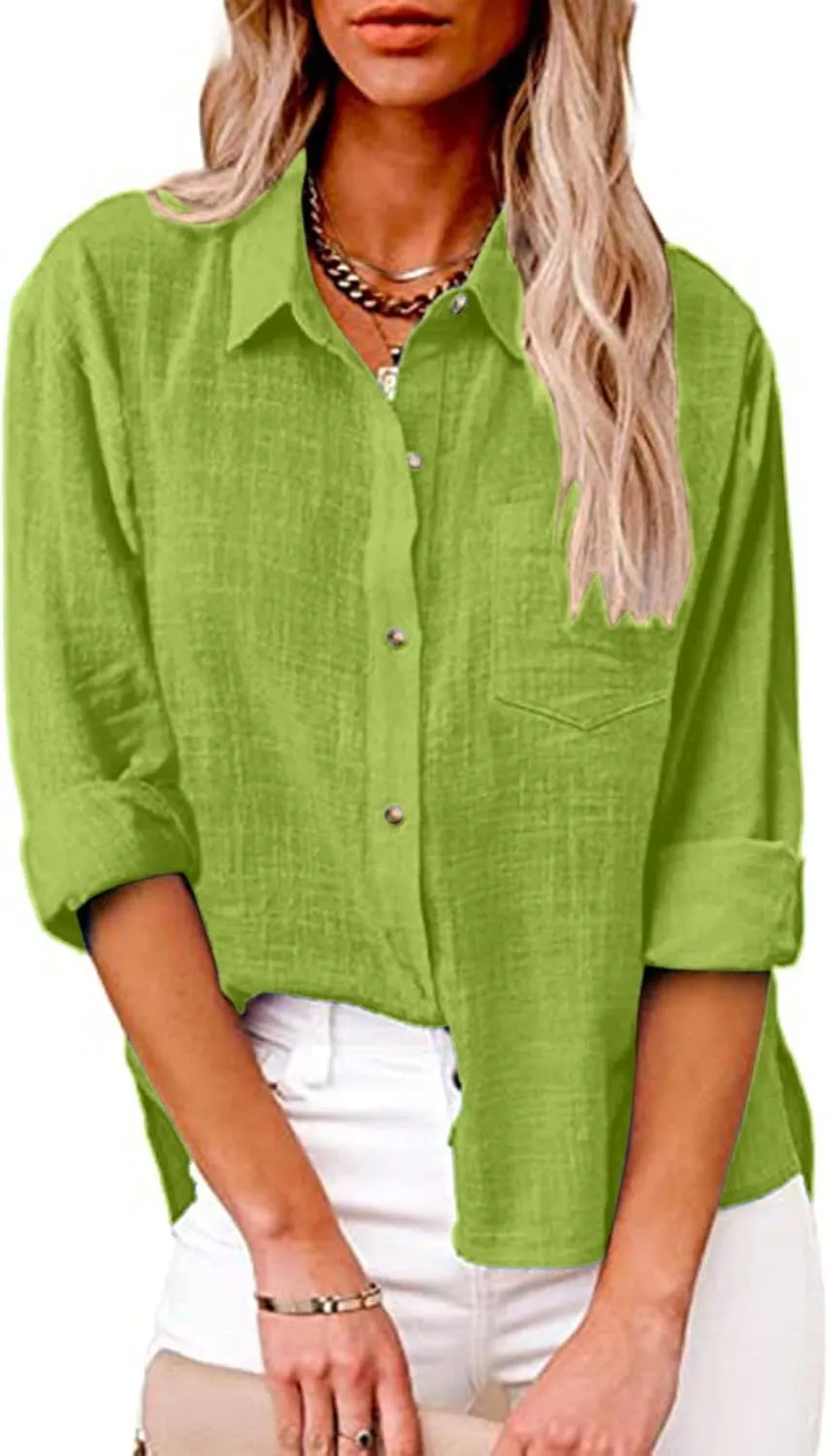 Linen Shirts for Women Down Shirt 2025 Spring Casual Long Sleeve Solid Color Shirts Loose Work Tops with Pockets