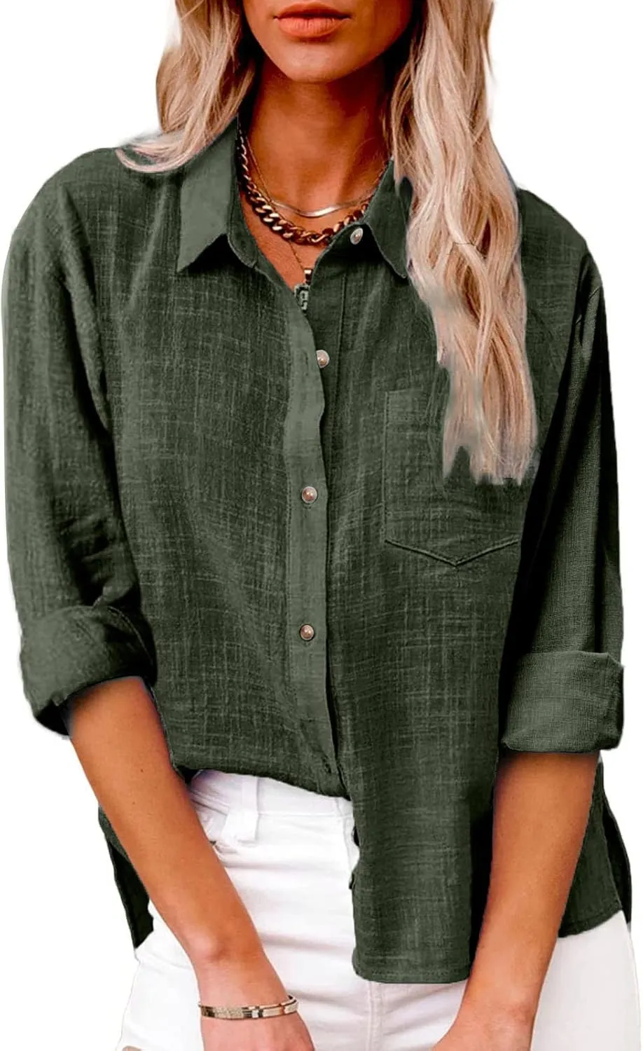 Linen Shirts for Women Long Sleeve Button Down T Shirts Dressy Casual Tops Solid Casual Work Blouses with Pocket