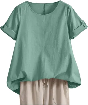 Linen Shirts for Women Loose Fit Roll Up Short Sleeve Boho Tops 2025 Summer Oversized T Shirts Crewneck Blouses
