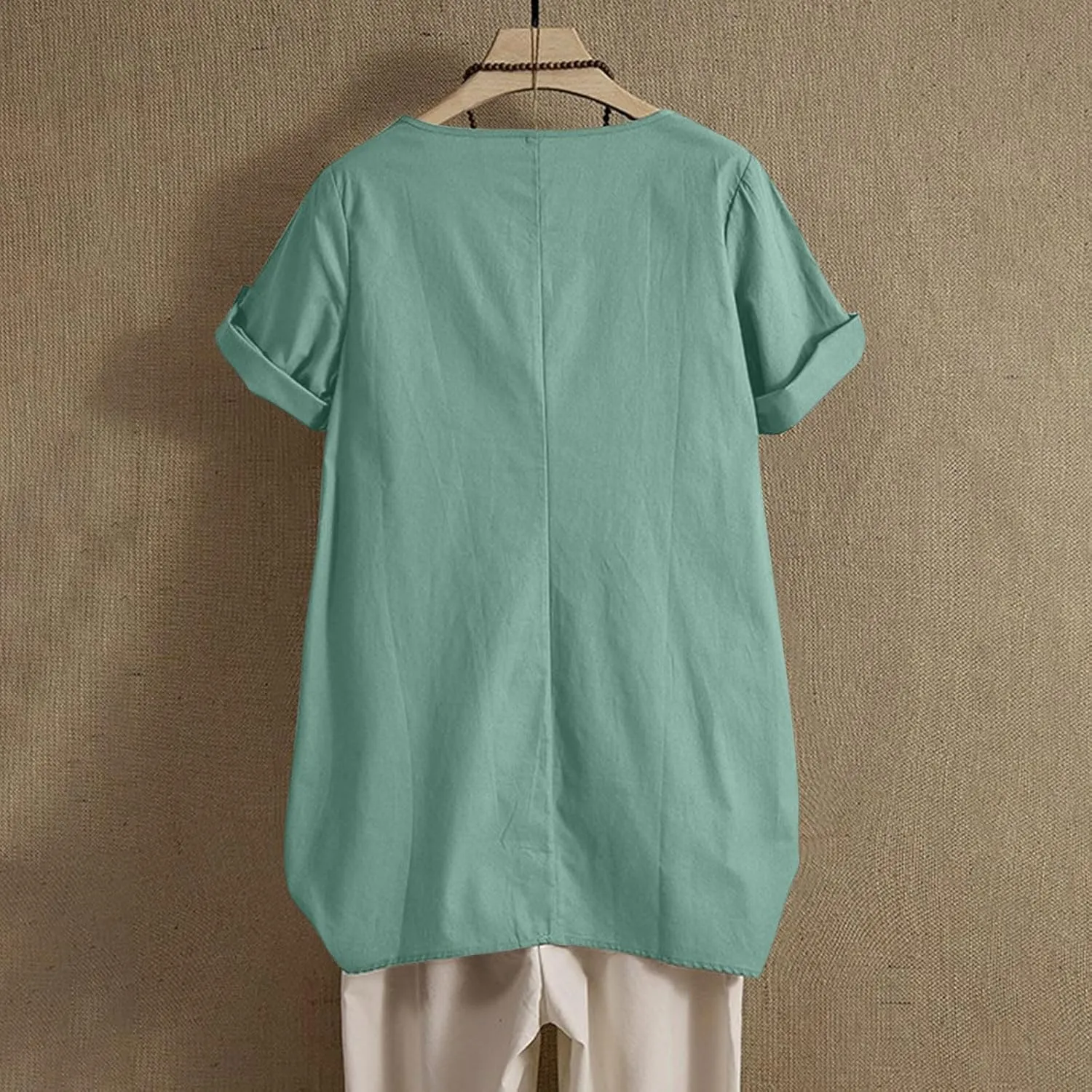 Linen Shirts for Women Loose Fit Roll Up Short Sleeve Boho Tops 2025 Summer Oversized T Shirts Crewneck Blouses