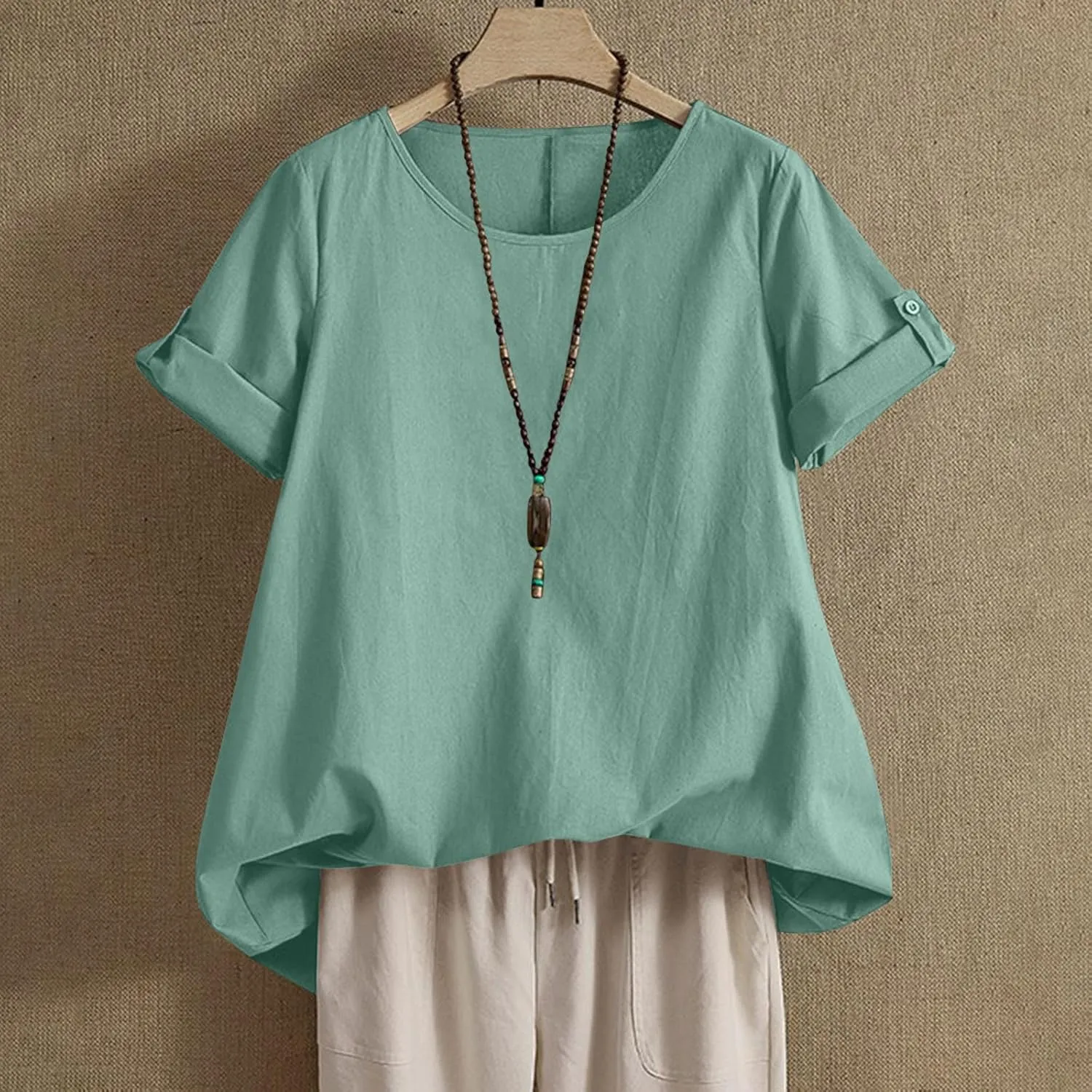 Linen Shirts for Women Loose Fit Roll Up Short Sleeve Boho Tops 2025 Summer Oversized T Shirts Crewneck Blouses