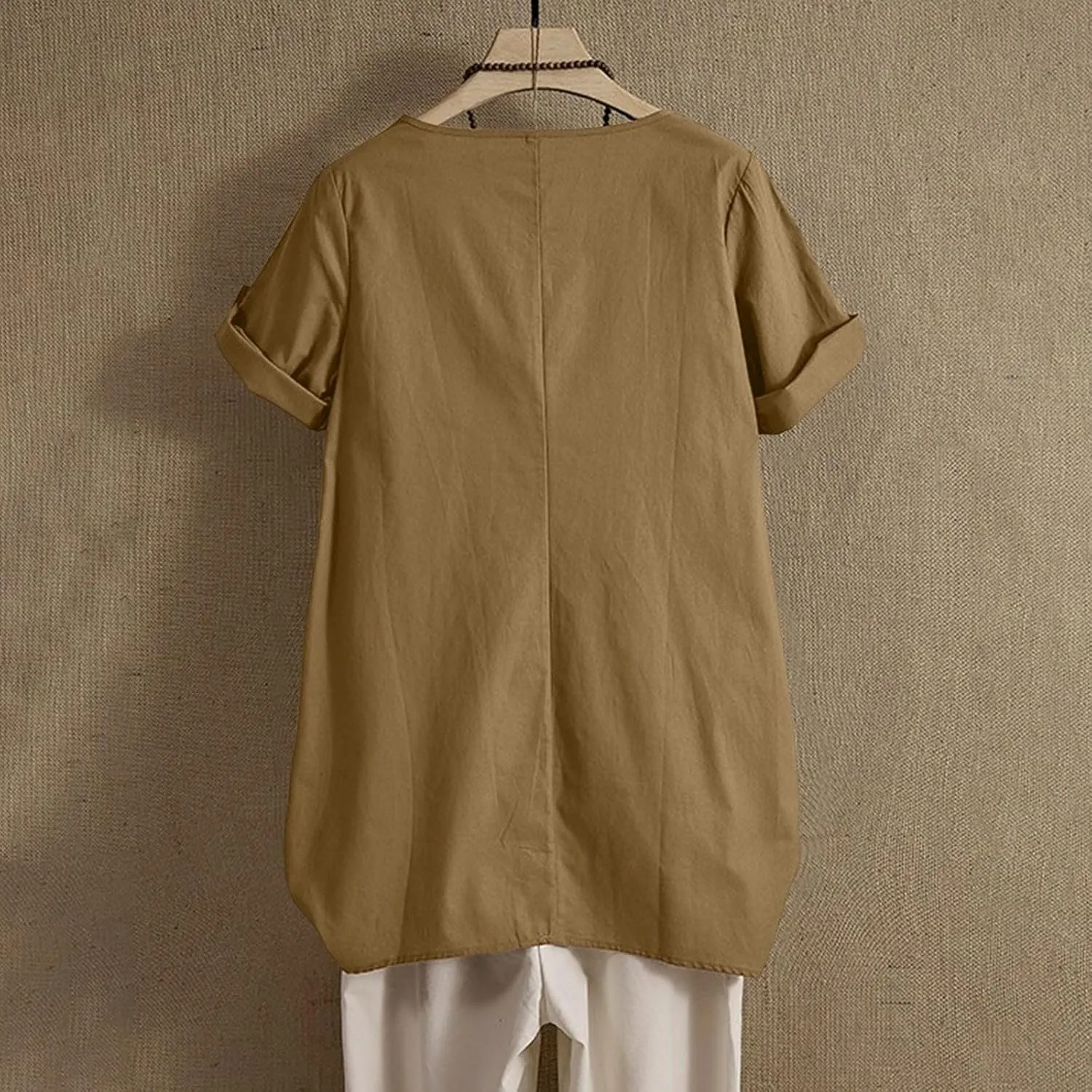 Linen Shirts for Women Loose Fit Roll Up Short Sleeve Boho Tops 2025 Summer Oversized T Shirts Crewneck Blouses