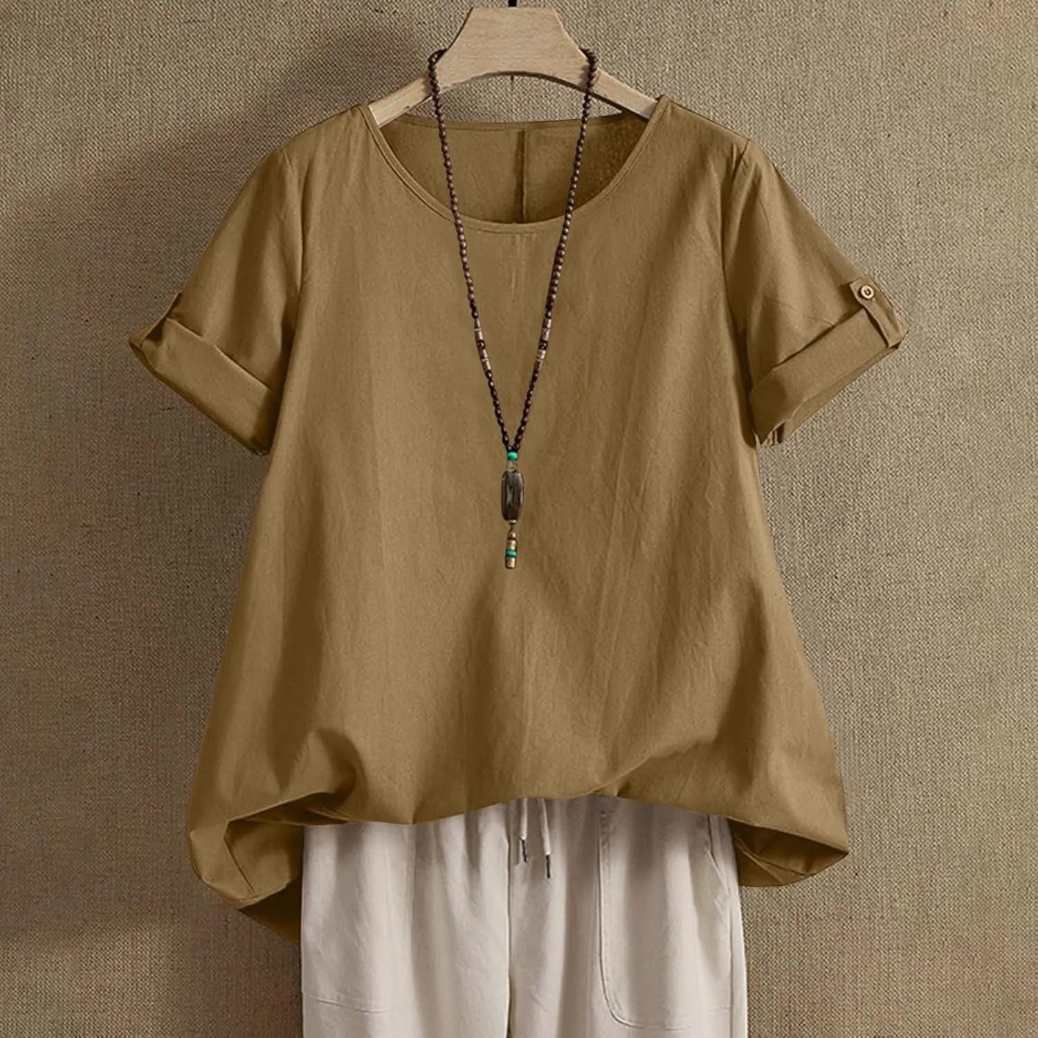Linen Shirts for Women Loose Fit Roll Up Short Sleeve Boho Tops 2025 Summer Oversized T Shirts Crewneck Blouses