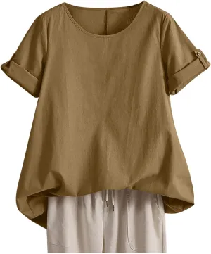 Linen Shirts for Women Loose Fit Roll Up Short Sleeve Boho Tops 2025 Summer Oversized T Shirts Crewneck Blouses