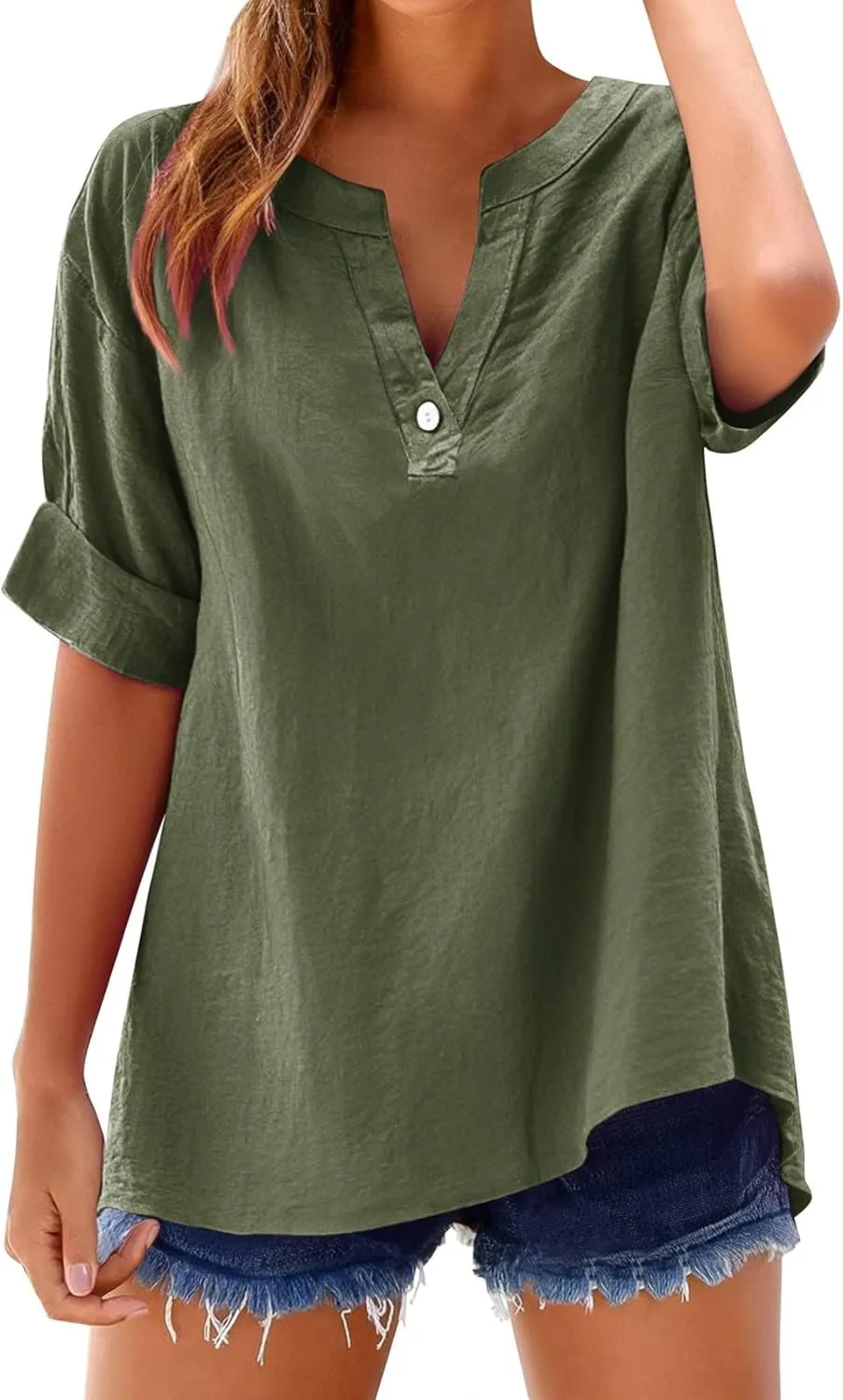 Linen Shirts for Women Rolled Short Sleeve Buttons V Neck Boho Tops Solid Summer Beach Blouses Casual Loose Fit Tee