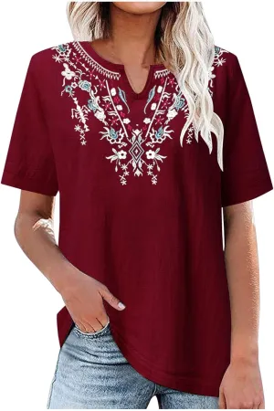 Linen Shirts for Women Short Sleeve Fashion Solid Color Blouses Trendy Loose Fit V-Neck T-Shirts Summer Clothes