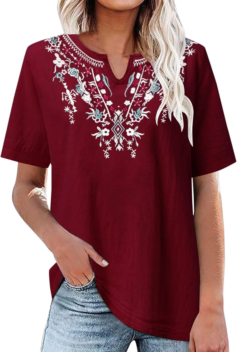 Linen Shirts for Women Short Sleeve Fashion Solid Color Blouses Trendy Loose Fit V-Neck T-Shirts Summer Clothes