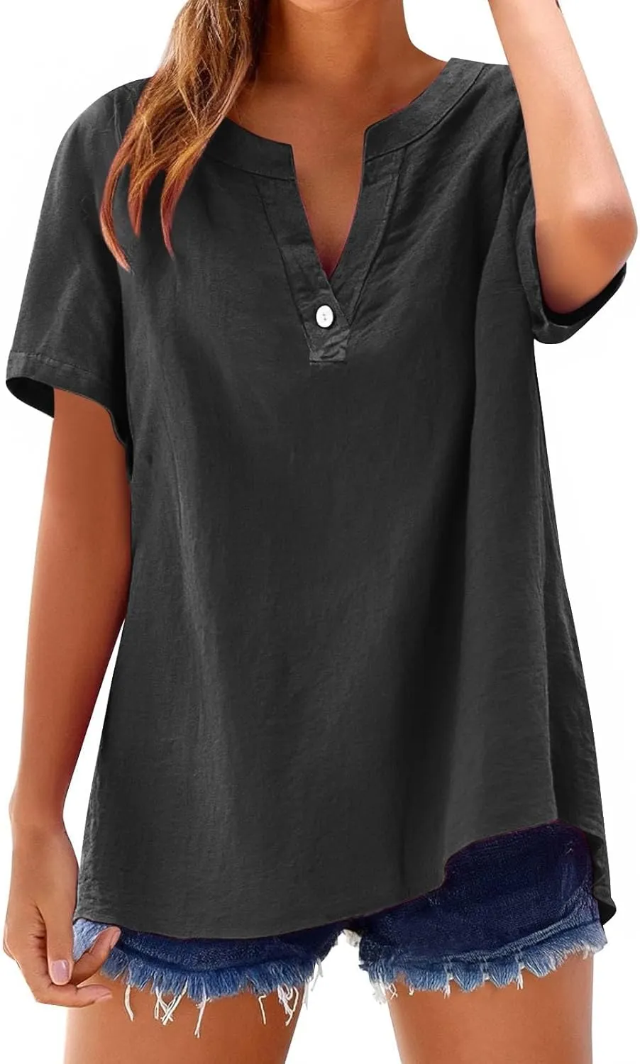 Linen Shirts for Women Short Sleeve Trendy Tops Casual V Neck Blousers Summer Vacation Shirts 2025 Trendy Tops Tees