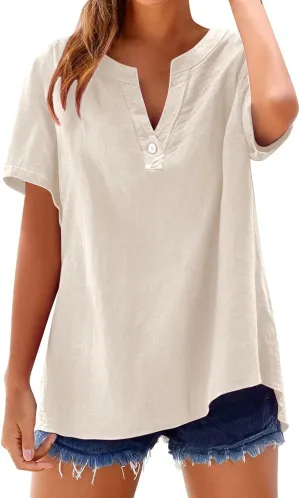 Linen Shirts for Women Short Sleeve Trendy Tops Casual V Neck Blousers Summer Vacation Shirts 2025 Trendy Tops Tees