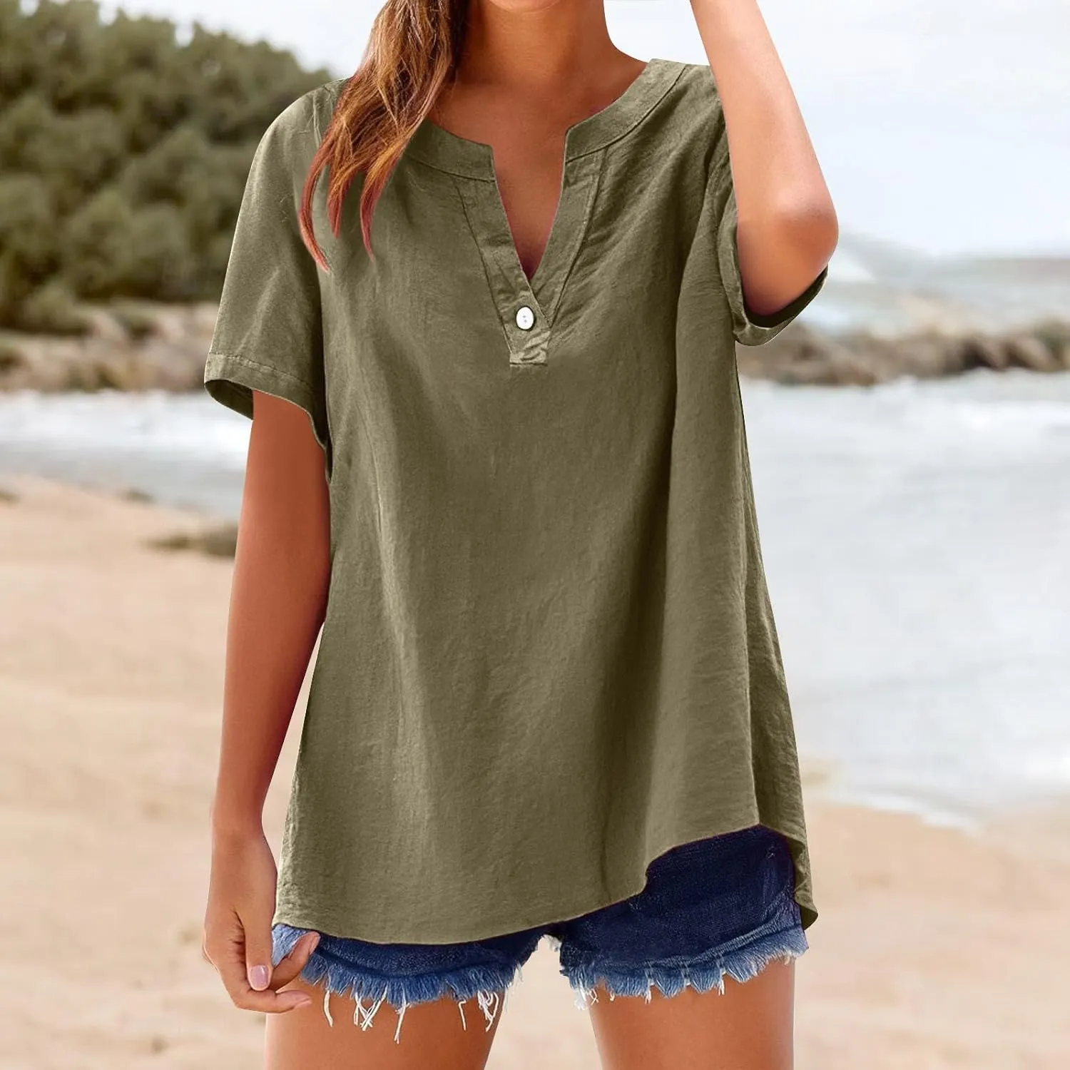 Linen Shirts for Women Short Sleeve Trendy Tops Casual V Neck Blousers Summer Vacation Shirts 2025 Trendy Tops Tees