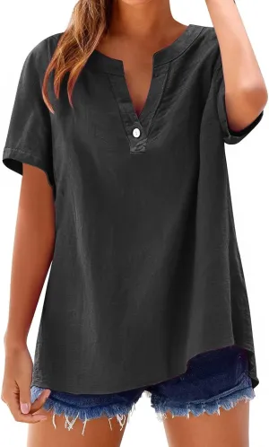 Linen Shirts for Women Short Sleeve Trendy Tops Casual V Neck Blousers Summer Vacation Shirts 2025 Trendy Tops Tees