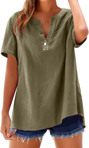 Linen Shirts for Women Short Sleeve Trendy Tops Casual V Neck Blousers Summer Vacation Shirts 2025 Trendy Tops Tees