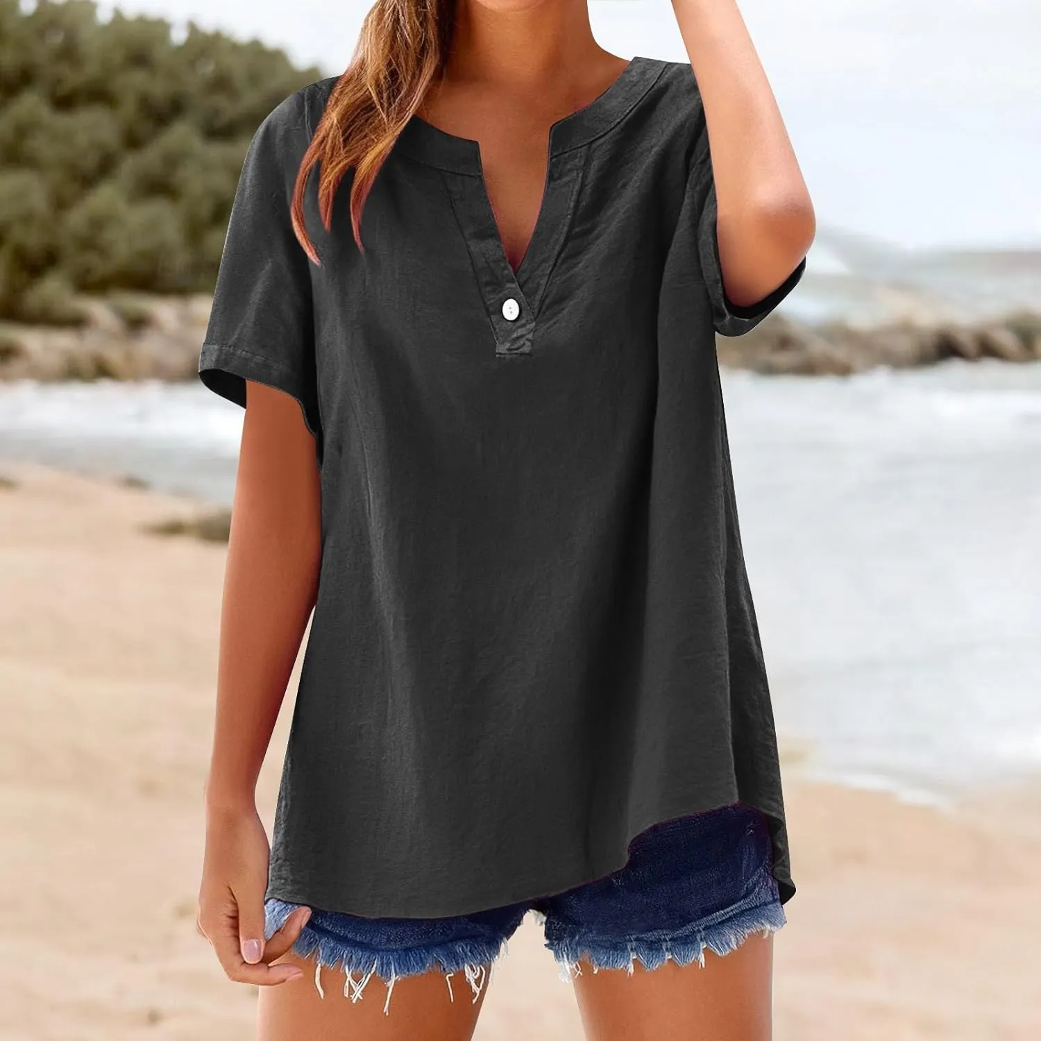 Linen Shirts for Women Short Sleeve Trendy Tops Casual V Neck Blousers Summer Vacation Shirts 2025 Trendy Tops Tees