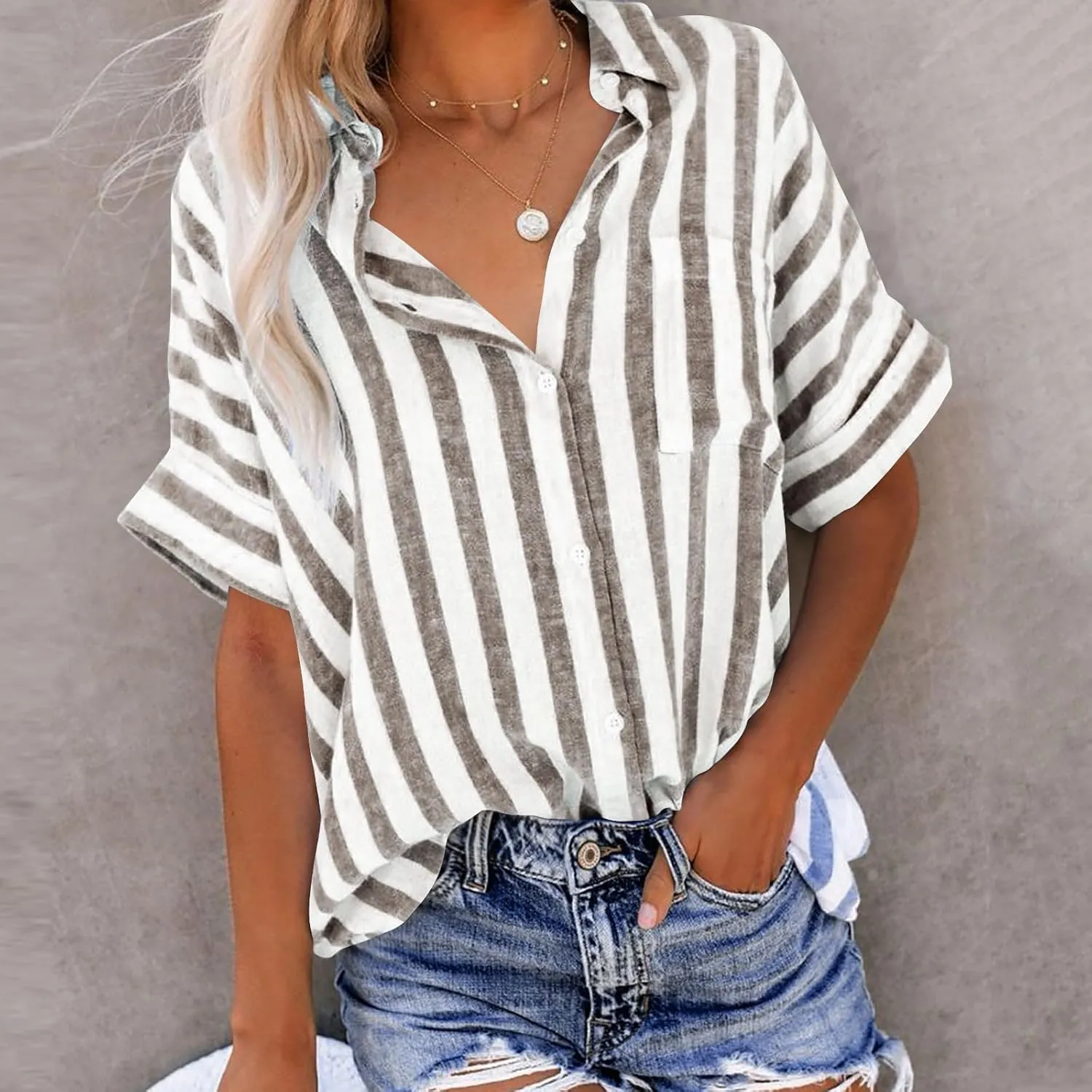 Linen Shirts for Women Striped Button Down Shirts Lightweight Guaze Blouses Short Sleeve Boho Summer Tshirt