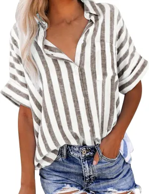 Linen Shirts for Women Striped Button Down Shirts Lightweight Guaze Blouses Short Sleeve Boho Summer Tshirt