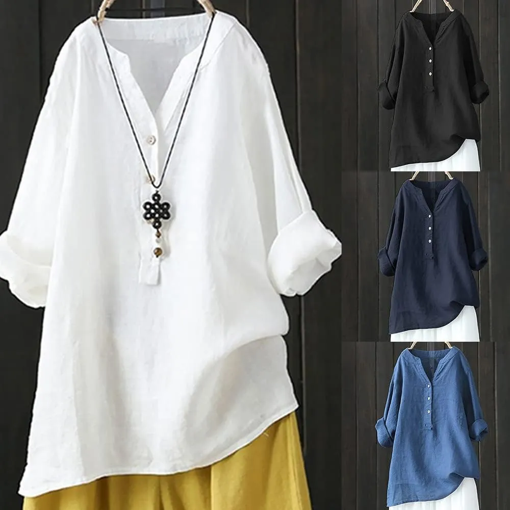 Linen Shirts for Women Summer Button Down Shirts Solid 3/4 Sleeve Tunic Tops Casual V Neck Blouses Trendy Tshirts