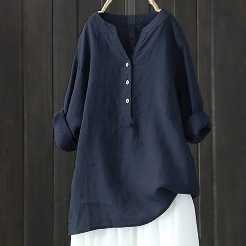 Linen Shirts for Women Summer Button Down Shirts Solid 3/4 Sleeve Tunic Tops Casual V Neck Blouses Trendy Tshirts