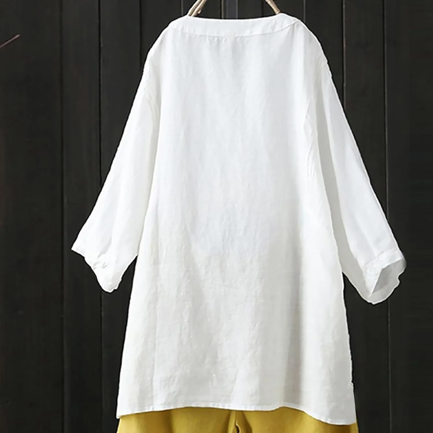 Linen Shirts for Women Summer Button Down Shirts Solid 3/4 Sleeve Tunic Tops Casual V Neck Blouses Trendy Tshirts