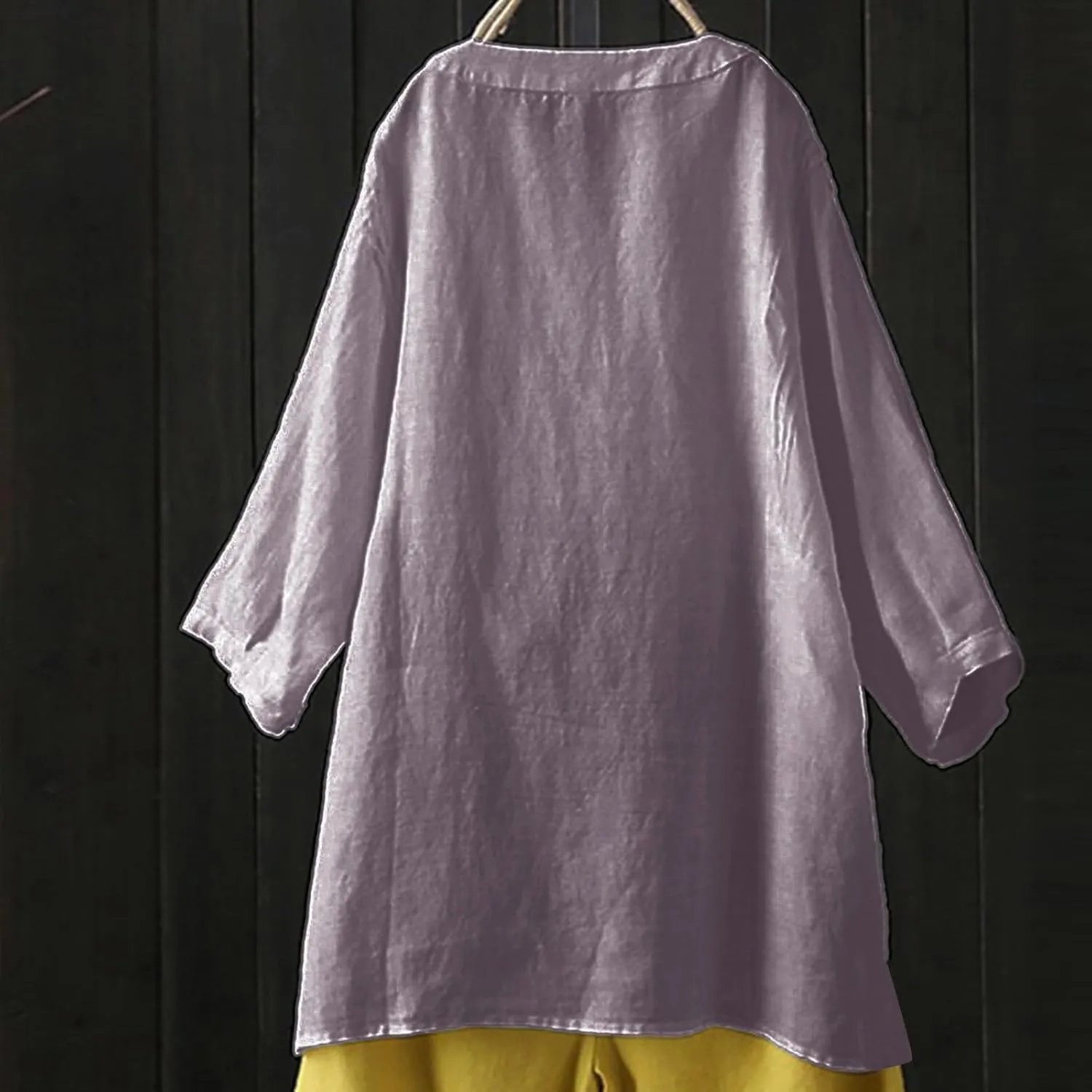 Linen Shirts for Women Summer Button Down Shirts Solid 3/4 Sleeve Tunic Tops Casual V Neck Blouses Trendy Tshirts