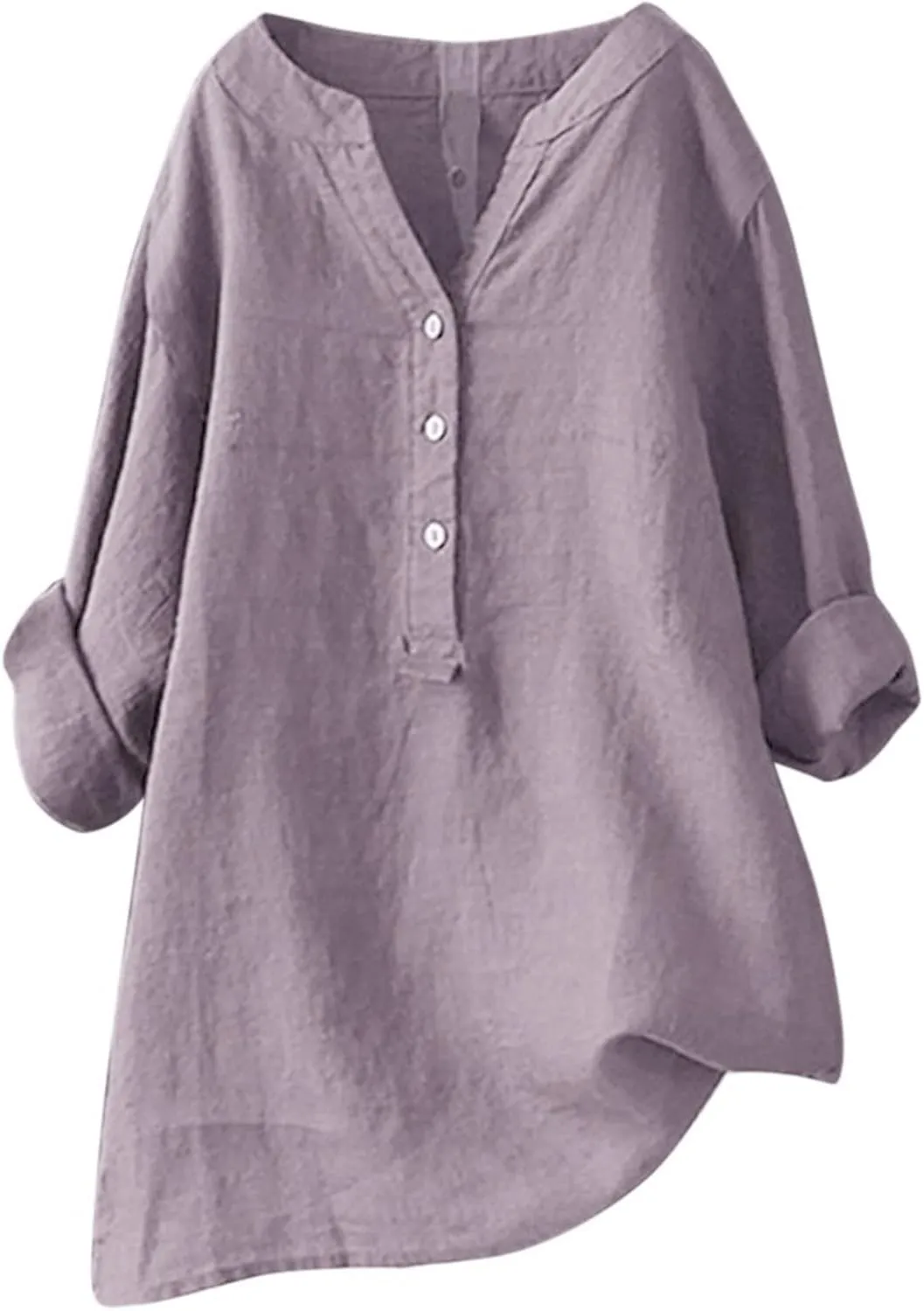 Linen Shirts for Women Summer Button Down Shirts Solid 3/4 Sleeve Tunic Tops Casual V Neck Blouses Trendy Tshirts