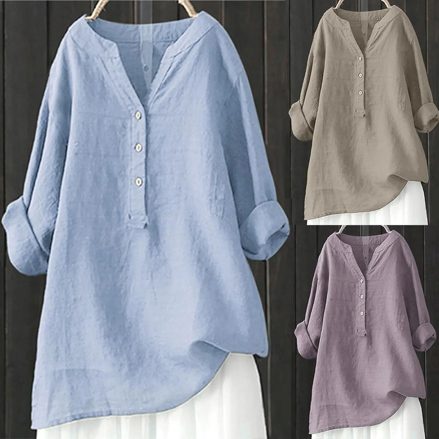 Linen Shirts for Women Summer Button Down Shirts Solid 3/4 Sleeve Tunic Tops Casual V Neck Blouses Trendy Tshirts