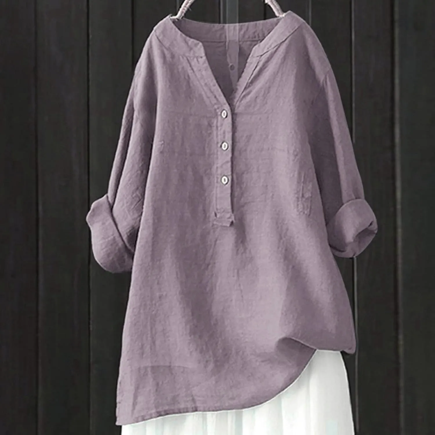 Linen Shirts for Women Summer Button Down Shirts Solid 3/4 Sleeve Tunic Tops Casual V Neck Blouses Trendy Tshirts