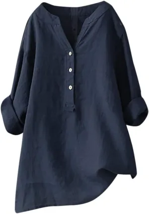 Linen Shirts for Women Summer Button Down Shirts Solid 3/4 Sleeve Tunic Tops Casual V Neck Blouses Trendy Tshirts