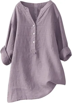 Linen Shirts for Women Summer Button Down Shirts Solid 3/4 Sleeve Tunic Tops Casual V Neck Blouses Trendy Tshirts